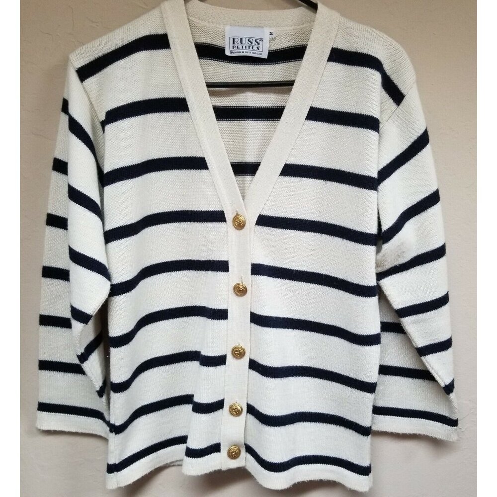 Russ Petites Women's Medium Striped Navy White Button Cardigan Sweater Casual